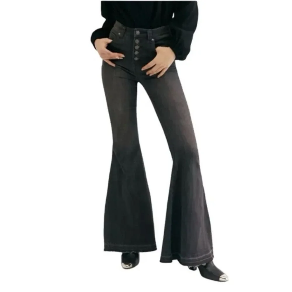 Free People Irreplaceable Flare Jean Raw Frayed Hem Black Women 31 *Read Details